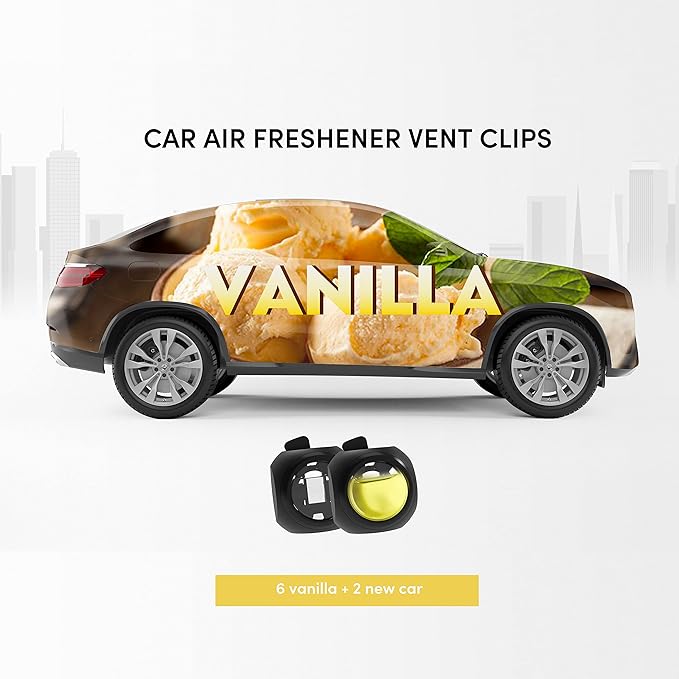 Car Air Freshener Vent Clips, 8 PK, 6 Vanilla, 2 New Car Scent, Provides Long-Lasting Scent, Up to 240 Days, Odor Eliminator