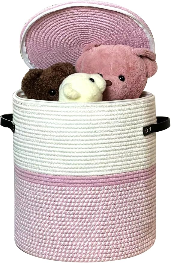 Cotton rope Storage Basket with Zipper cover & Woven baskets with Lid easy to move Multi-Purpose Storage Basket for Living Room, 13 x14 inches(Pink+White)