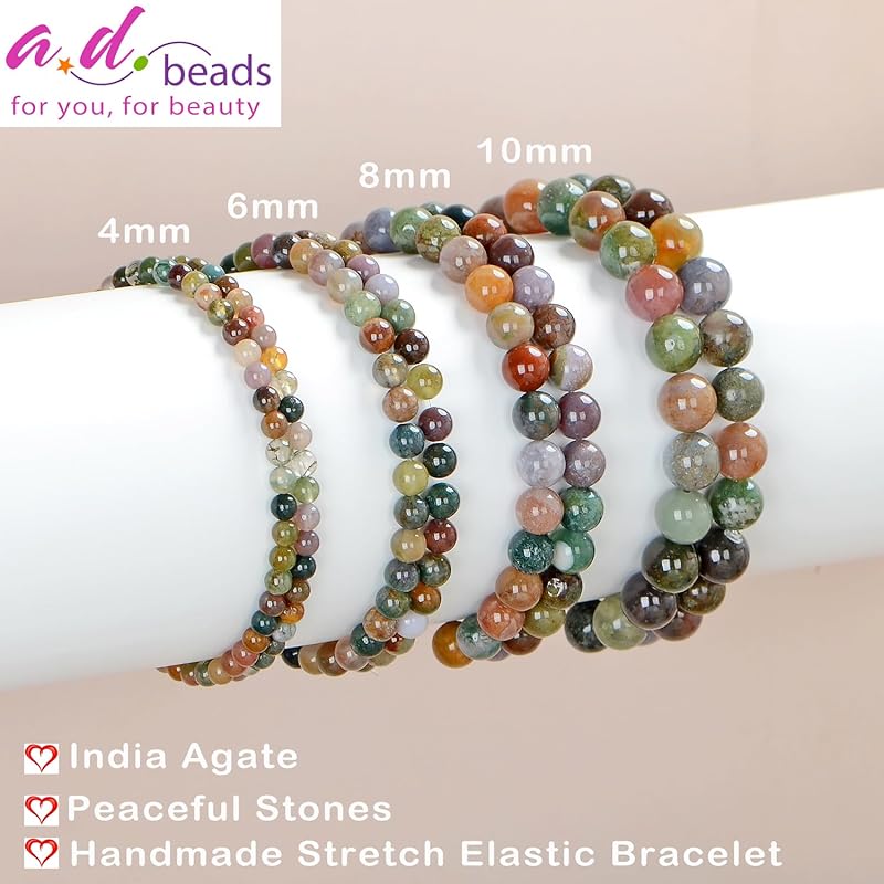 AD Beads Handmade Gemstone Stretch Elastic Bracelet Crystal Healing Reiki Nature's Beauty and Spiritual Essence Unisex (6mm, Indian Agate)