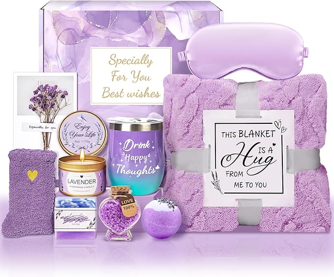 Birthday Gifts for Women Self Care Gifts Get Well Soon Gifts, Lavender Relaxation Spa Gift Basket Sets with Luxury Flannel Blanket, Unique Mothers Day Mom Gifts Basket for Mom Wife Grandma Sister