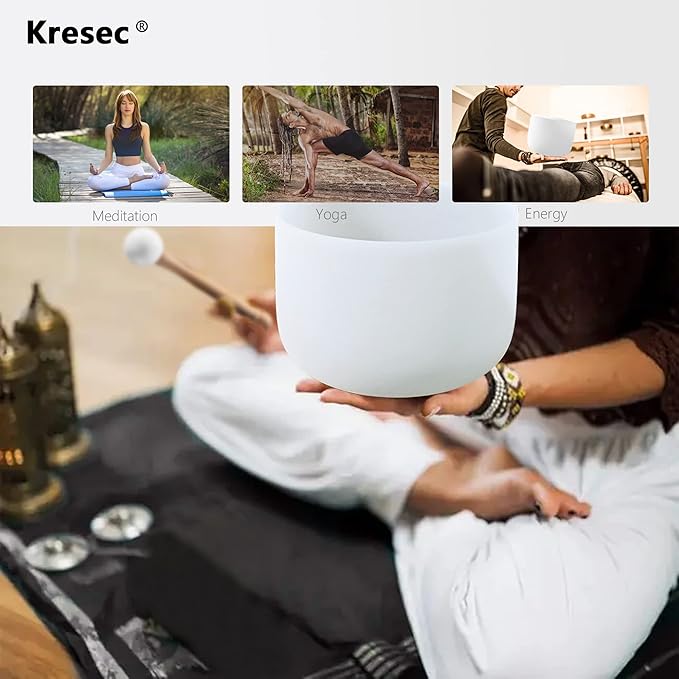 Kresec 8 Inch Crystal Singing Bowl G Note (¡À40 cents) Throat Chakra with O-ring and Mallet Quartz Crystal Sound Bowl for Meditation, Yoga, Spiritual and Body Healing and Energy Cleansing