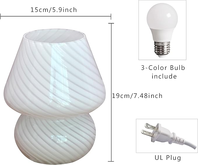 jonong Bedside Lamp Glass Striped Mushroom Table Lamp 110V Creative Gift Night Light (White)