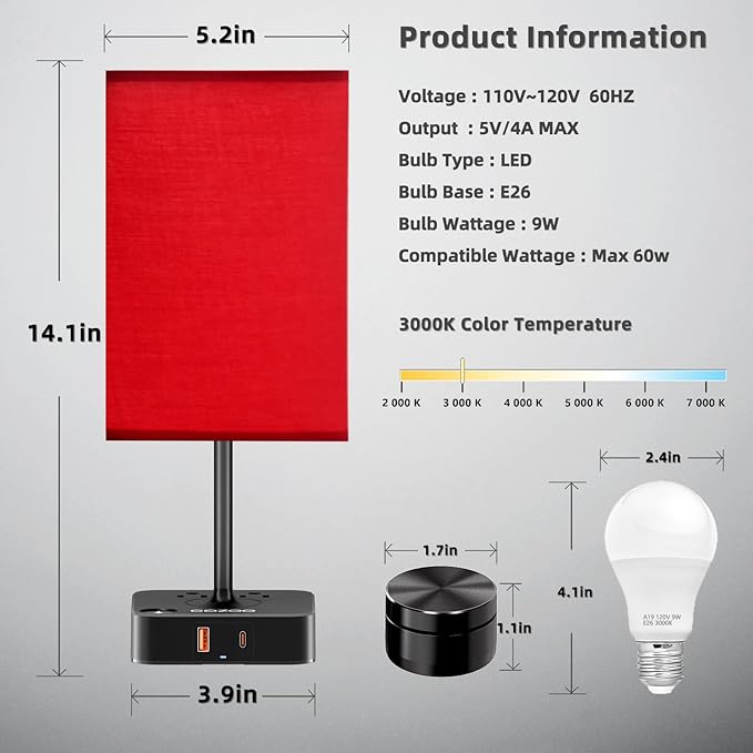 Bedroom Table Lamp with Remote Operation Control,Dimmable Bedside Table Desk Light with USB C+A Charging Ports 2 AC Outlets,Nightstand Lamp White Shade Lamp for Living Room,Dorm,Home Office,Decor