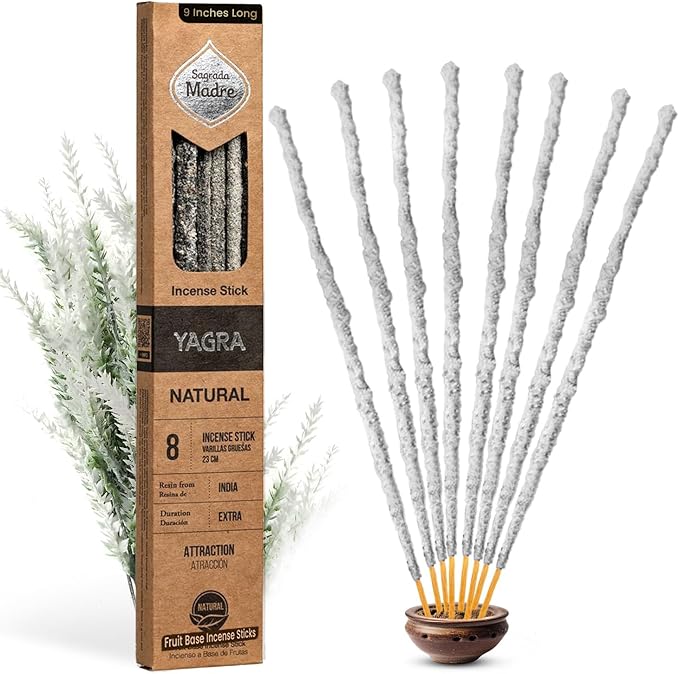 Sagrada Madre Yagra-Yagra Natural Incense Sticks, 8 Sticks (9" Each) - Handmade Citrusy Aroma for Abundance, Prosperity & Wealth - Ideal for Meditation & Spiritual Practice with 1-Hour Burn Time