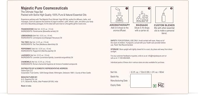 Majestic Pure, Yoga Essential Oil Gift Set | 100% Pure & Natural Set for Yoga, Meditation and Self-Care Rituals | Frankincense, Tea Tree, Lavender, Peppermint, Lemongrass, Chamomile - Pack of 6