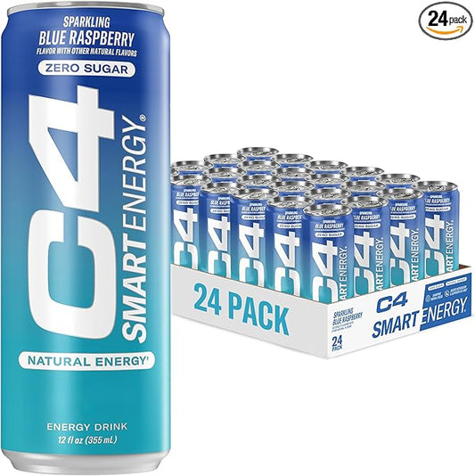 C4 Smart Energy Drink - Sugar Free Performance Fuel & Nootropic Brain Booster, Coffee Substitute or Alternative | Blue Raspberry 12 Oz - 24 Pack
