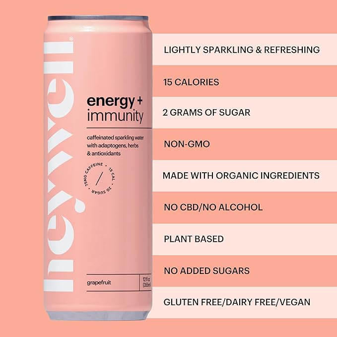 Heywell Sparkling Adaptogenic Water, Energy and Immunity, Grapefruit Flavor, 12 Fluid Ounce (Pack of 12) - Caffeinated, Organic, Non GMO, Vegan, Gluten Free, Dairy Free