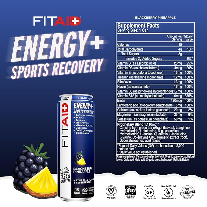 LIFEAID FITAID Energy Drink, 200mg Natural Caffeine, Keto, 15 Calories, Variety Pack, BCAAs, Quercetin, Electrolytes, Omega-3s, Paleo, Vegan & Gluten-Free, 12-oz. cans (Pack of 24)