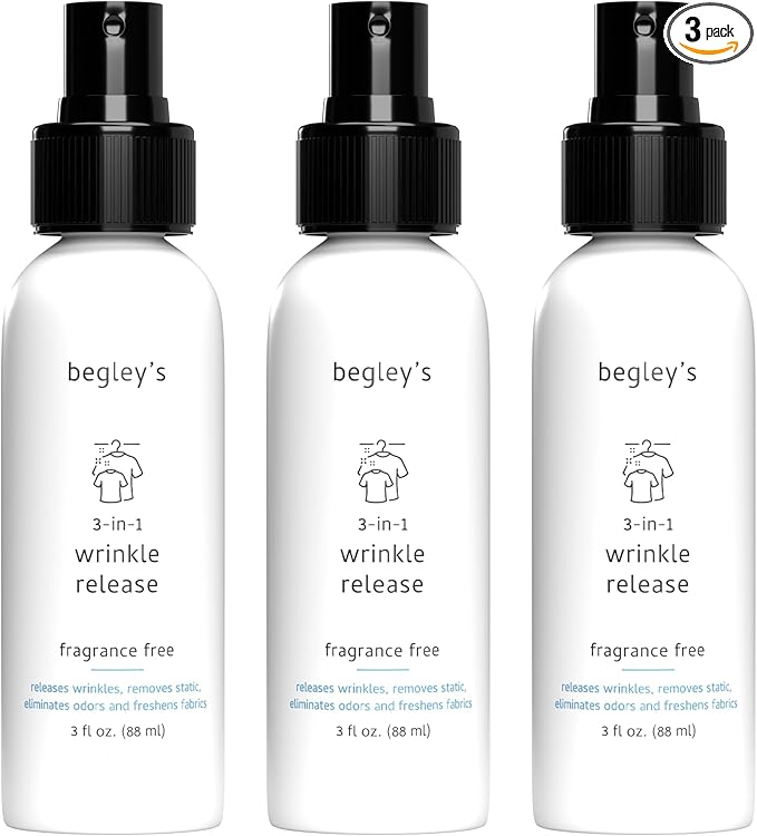 Begley's 3-in-1 Wrinkle Remover, Quick Fix Wrinkle Release, Static Cling Remover, Odor Eliminator and Fabric Refresher Spray - Plant-Derived, USDA Certified Biobased - Fragrance-Free, 3 oz Travel Size