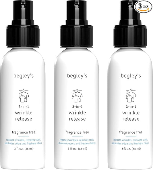 Begley's 3-in-1 Wrinkle Remover, Quick Fix Wrinkle Release, Static Cling Remover, Odor Eliminator and Fabric Refresher Spray - Plant-Derived, USDA Certified Biobased - Fragrance-Free, 3 oz Travel Size