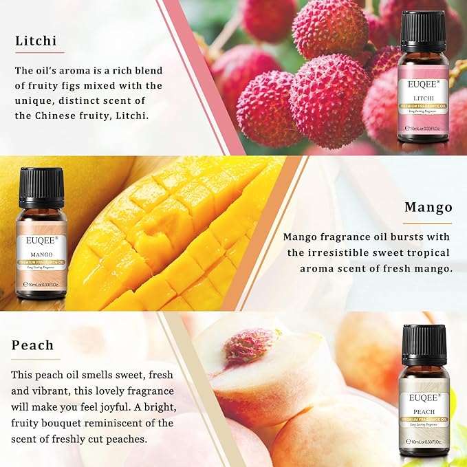 EUQEE Premium Fruit Fragrance Oils Gift Set for So Sweet - 6x10ml-Strawberry, Cherry, Litchi, Apple, Mango, Peach - Scented Essential Oils for Diffuser, Candle Making