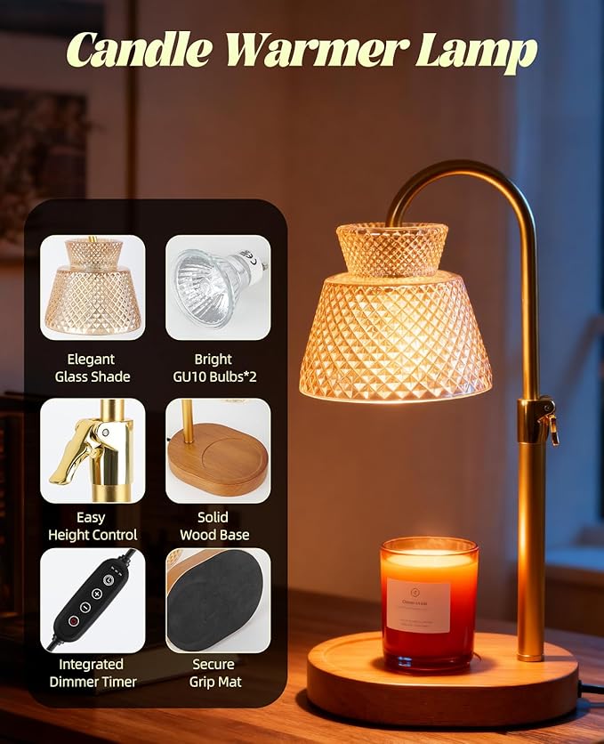 Candle Warmer Lamp with Timer Wax Melt Warmer, Dimmable Adjustable Height with Bulb for Jar Scented Candles, Home Decor Housewarming Birthday Gifts for Women Mom