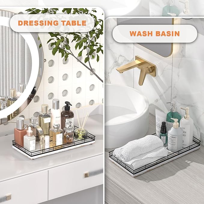 Bathroom Toilet Tank Tray, 13" Wood Toilet Paper Storage Basket Tray Back of Toilet Basket Organizer,Vanity Tray for Perfume Makeup Candle Decor, Black & Farmhouse White