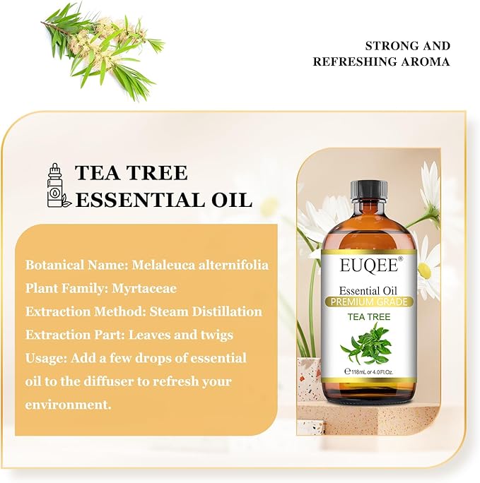 EUQEE Tea Tree Essential Oil 4Fl.Oz Pure Tea Tree Oil with Glass Dropper for Aromatherapy, Diffuser, Soap Making, DIY Soap - 118ml