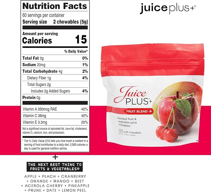 JuicePlus+ Fruit, Vegetable & Berry Blend Soft Chews (Chewables) - 30 Plant-Based Ingredients! Vegan Gummies for Kids & Adults - Gluten-Free, Non-GMO, No HFCS - Prepacked 3 pouches (30 Chews Each)
