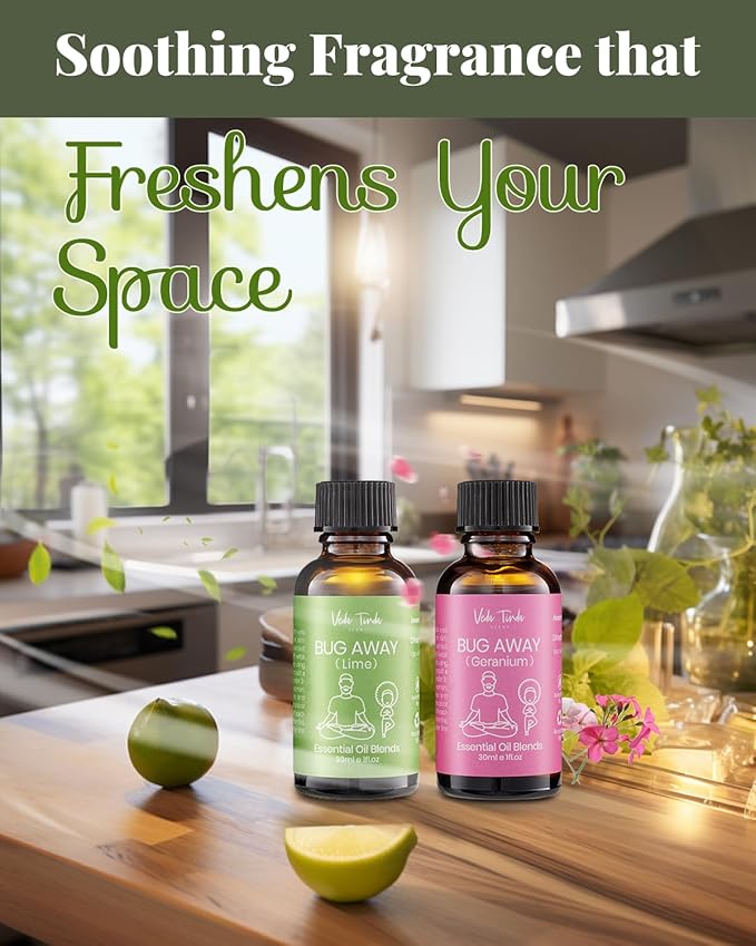 VTS Pure Natural Essential Oils Set with Waterless Diffuser, Aromatherapy Oils Blends for Home, Office, Bedroom, Bathroom (1 fl.oz Geranium Scent Oil & 1 fl.oz Lime Scent Oil & Portable Diffuser)