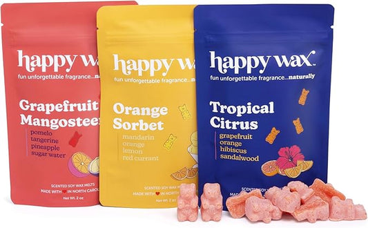 Happy Wax Citrus Mix Natural Soy Wax Melts - 6oz Total - Three 2oz Pouches Including Tropical Citrus, Orange Sorbet & Grapefruit Mangosteen