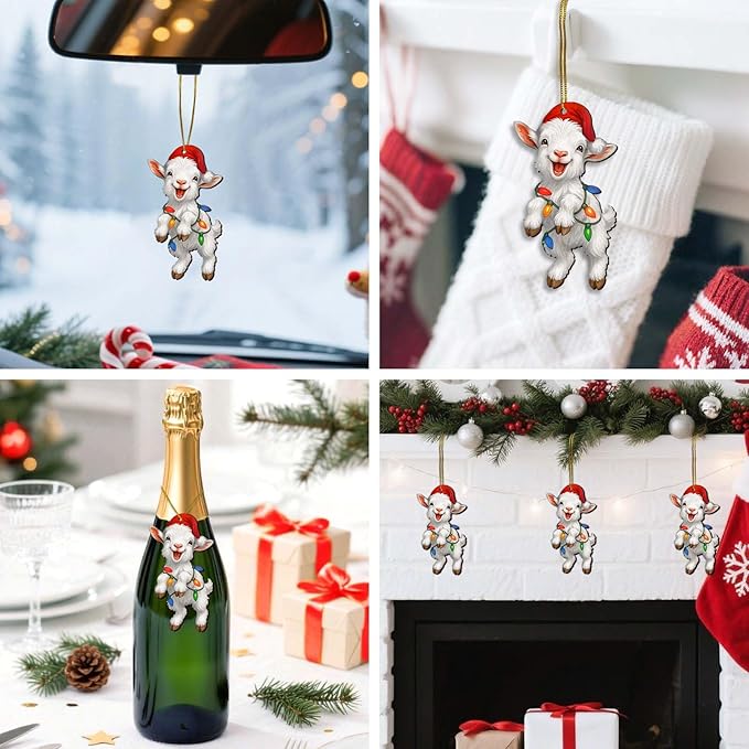 2 Side Printed Flat Christmas Wooden Ornaments, Animal Keepsake Hanging Tree Decoration, Cute Goat Ornament