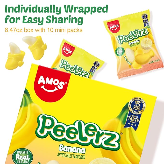 AMOS Peelerz Banana Gummy Candy, Peelable Fruit-Shaped Candy, 8.47oz Box with 10 Individual Packs – Fun Peeling Gummy Snack Made with Real Juice