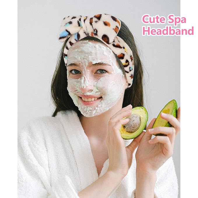 Ondder Leopard Terry Cloth Spa Headbands for Skincare, Makeup, Face Washing - 8 Pcs Bow Hair Bands for Women