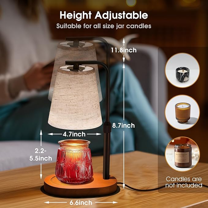 Candle Warmer Lamp with Timer Dimmable, Adjustable Height Candle Warmer Light for Jar Candles with 2 Bulbs, Christmas Birthday Gifts for Women Mom, House Warming Gifts New Home, Room Office Home Decor