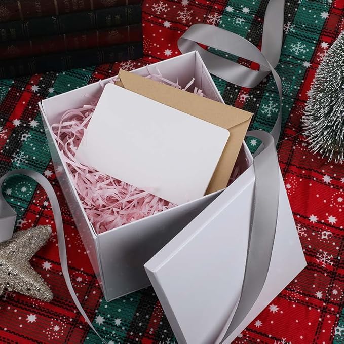Gift Box with Lid 7x7x6.5 Inches, White Gift Boxes for presents Packaging for Birthdays, Valentine's Day, Christmas, Anniversaries (Include Shredded Paper Fill, Envelope Card Ribbon)