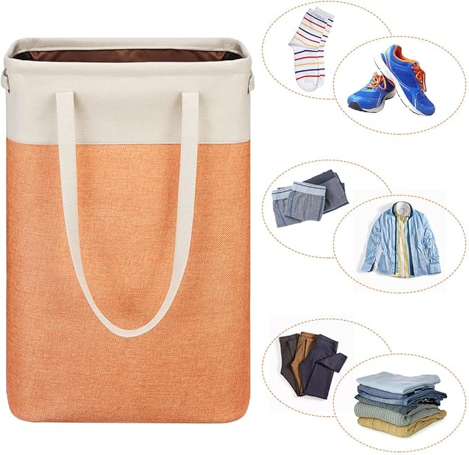 i BKGOO Laundry Basket with Handles Beige&Orange Slim Laundry Bin Collapsible Dirty Clothes Basket Narrow Laundry Bag Foldable Dirty Hamper for Camping, Dorms, Apartments