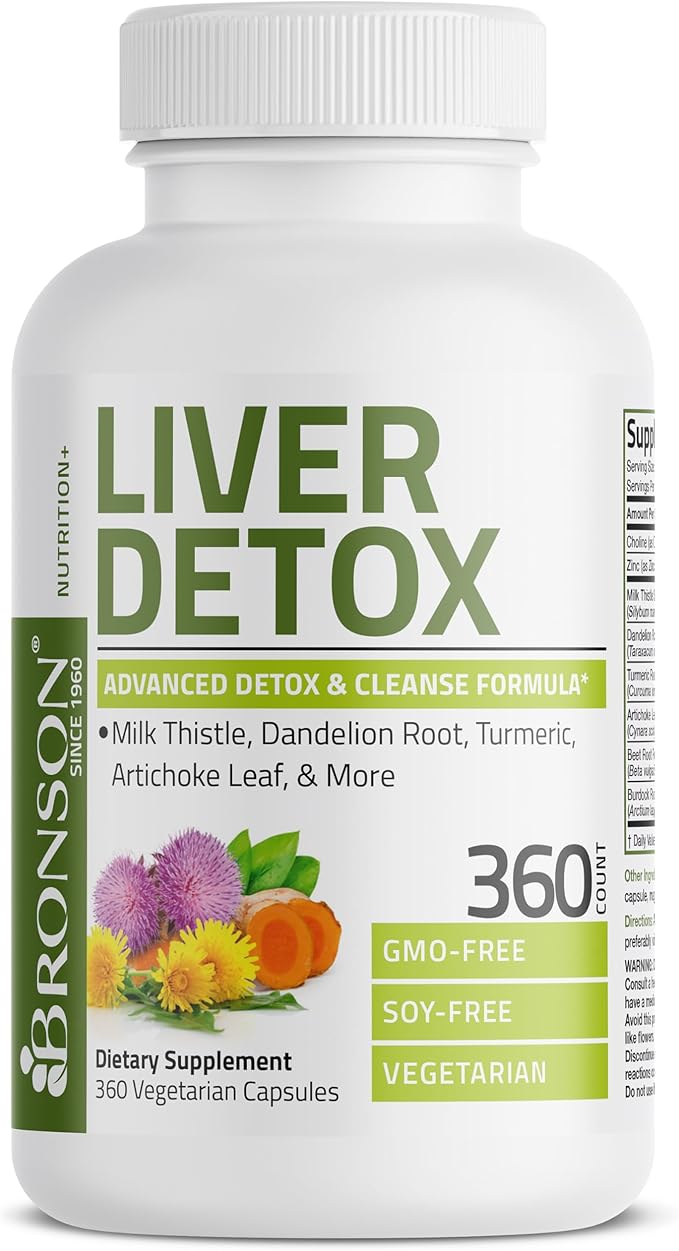 Bronson Liver Detox Advanced Detox & Cleansing Formula Supports Health Liver Function with Milk Thistle, Dandelion Root, Turmeric, Artichoke Leaf & More, Non-GMO, 360 Vegetarian Capsules