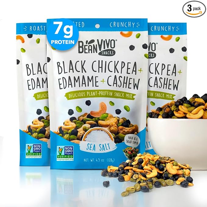 BeanVIVO Healthy Snacks for Adults & Kids with 7g Protein & 5g Fiber per Serving with Dried Edamame, Roasted Cashew and Chickpeas - Vegan & Gluten Free - Keto Friendly & Non-GMO - 3-Pack (4.5 oz Each Pouch)