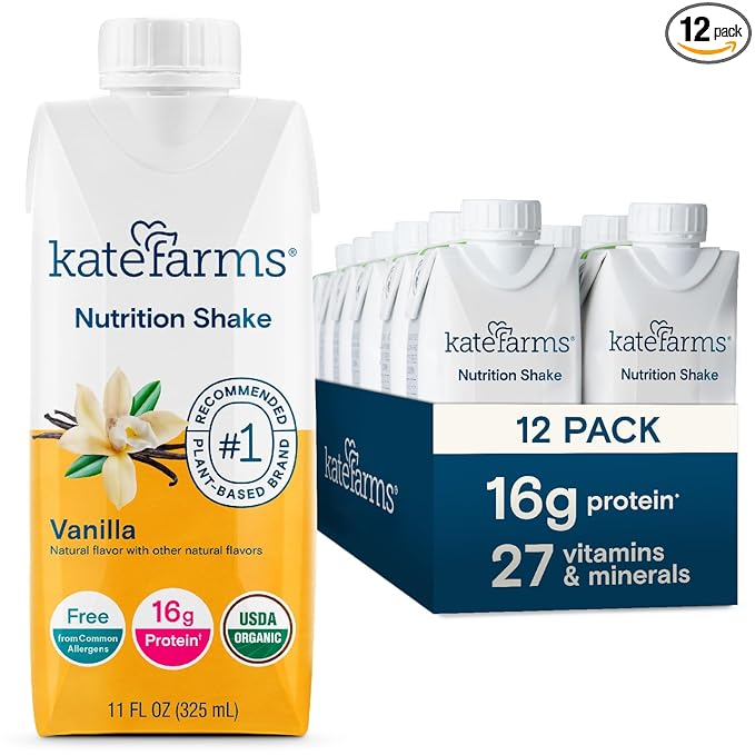 KATE FARMS Organic Nutrition Shake, Vanilla, 16g Protein, 27 Vitamins and Minerals, Protein Meal Replacement Drink, Protein Shake, 11 oz (12 Pack)