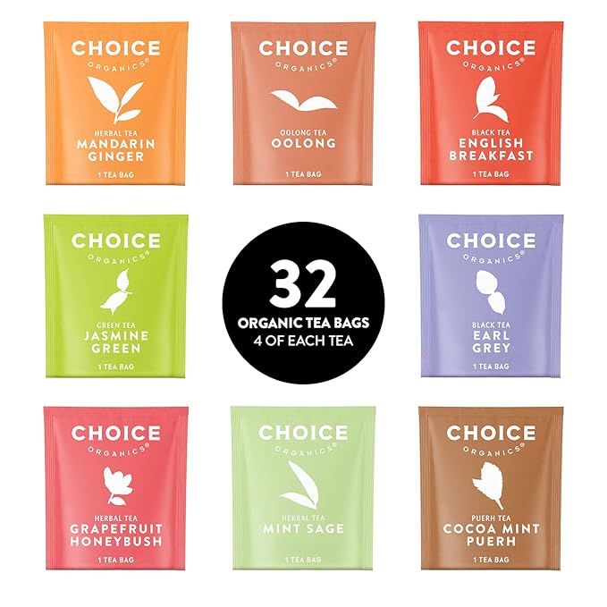 Choice Organic Teas Sipping Box Tea Sampler, Variety Gift Box, 32 Total Tea Bags, 8 Flavors, Caffeinated and Caffeine-Free Teas, Sustainably Sourced Organic and Non-GMO Ingredients (Pack of 2)