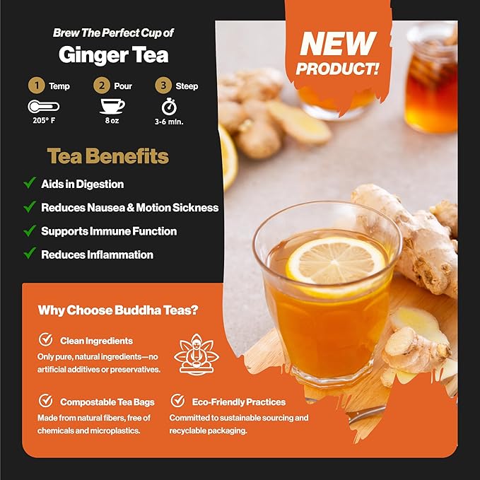 Buddha Teas - Organic Ginger Root Tea Bags - For Health & Wellbeing - With Antioxidants & Minerals - Clean Ingredients - Caffeine Free - OU Kosher & Non-GMO - 100 Non-String Tea Bags (Pack of 1)