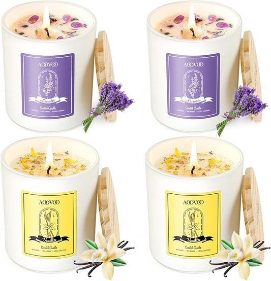 AOOVOO Lavender Candles Set for Women - 4 Pack Candles for Home Scented, 28 oz 200 Hour Long Lasting Aromatherapy Candle with Crystals Inside, Birthday Gifts Mothers Day Candle for Women Mom