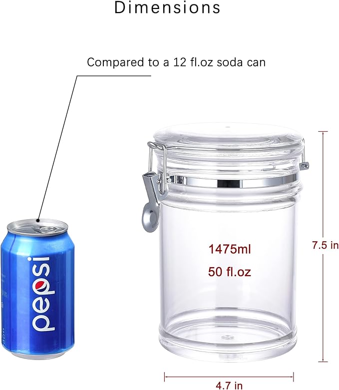 50 oz Reinforced Medium Acrylic Canister with Locking Clamp, Airtight Flip Jar | Food Storage Container for Flour, Sugar, Coffee, Candy, Cookie etc