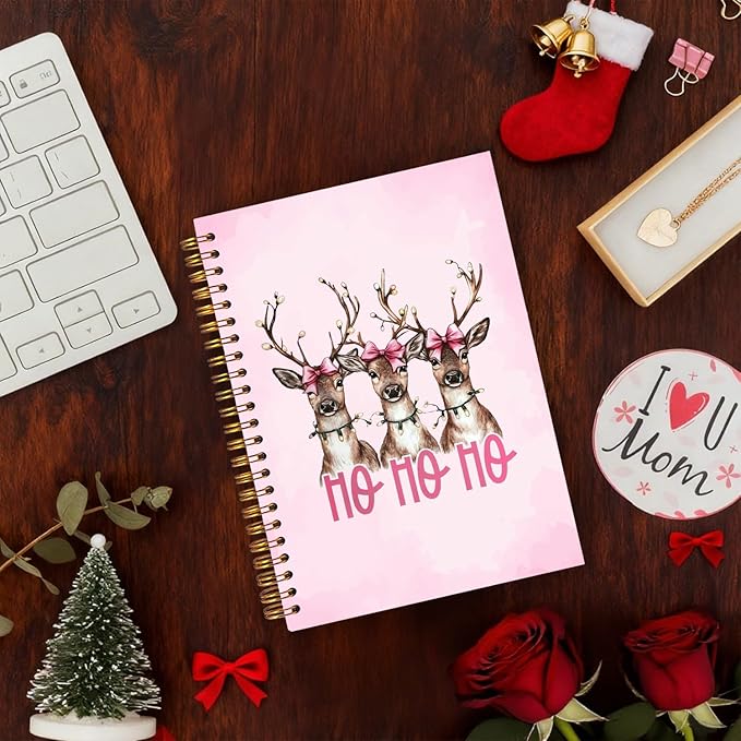 Exqcom Pink Christmas Reindeer Spiral Notebook Gifts, Coquette Pink Bow Deer Animal Journal for Women, Hohoho Xmas Winter Holiday Hardcover Notebook Journal Office School Supplies, 5.5x8.3 Inch
