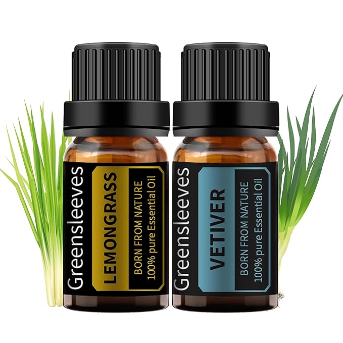 GREENSLEEVES Vetiver and Lemongrass Essential Oil Set, 2 x 10ml Pure Plant-Based Fragrance Oil for Aromatherapy, Essential Oils for Diffuser, Massage, Bath Bomb, Scented Candle Soap Making