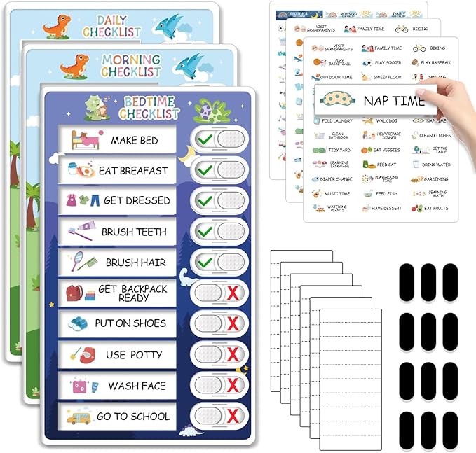 3 in 1 Bedtime/Morning/Daily Routine Chart for Kids, Magnetic Chore Chart for Kids with Cute Chore Stickers, Visual Schedule for Kids with Autism, Cute to Do List Checklist for Kids