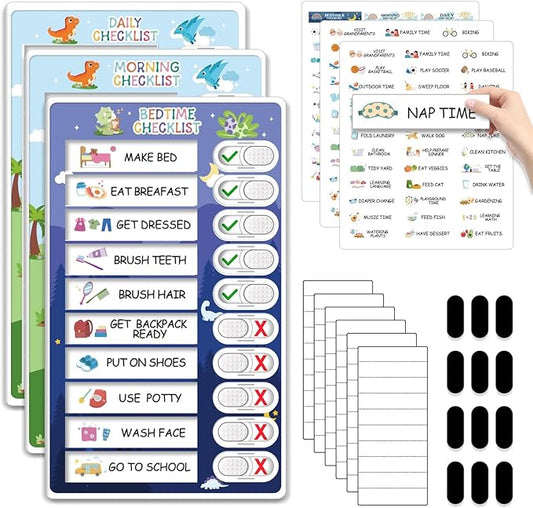 3 in 1 Bedtime/Morning/Daily Routine Chart for Kids, Magnetic Chore Chart for Kids with Cute Chore Stickers, Visual Schedule for Kids with Autism, Cute to Do List Checklist for Kids