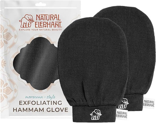 Natural Elephant Exfoliating Hammam Glove | Authentic Moroccan Kessa Body Scrub Mitt for Spa-Quality Skin Renewal | Pure Black 2 Pack