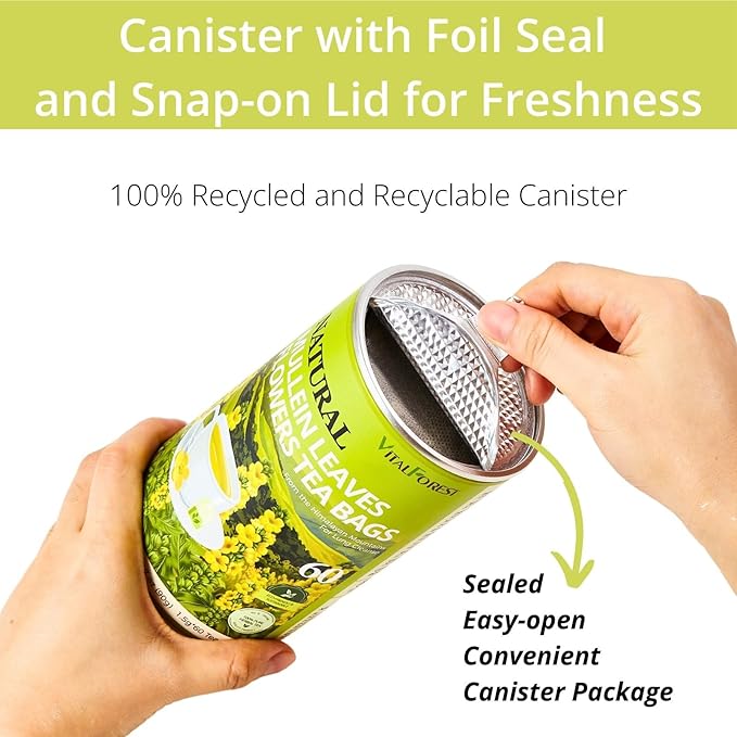 60 Mullein Leaf Tea Bags for Lungs, VitalForest 100% Pure Mullein Mullins Detox Tea, Lung Cleanse Tea for Smokers Breathe Deep and Respiratory Support, Caffeine Free Mullen Mullin