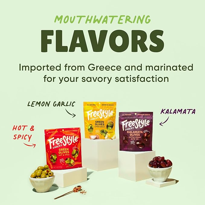 Freestyle Snacks Olive Snack Packs - Fresh Pitted Kalamata & Green Olives, Jumbo-Sized, Grown in Greece, Salty Snack, All Natural, Non-GMO, Paleo, Sugar-Free, Keto Snacks - Variety Pack, 4oz (6 Pack)