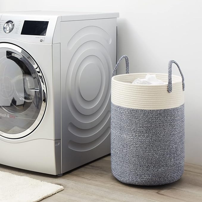 Cotton Rope Laundry Hamper by YOUDENOVA, 58L - Woven Collapsible Laundry Basket - Clothes Storage Basket for Blankets, Laundry Room Organizing, Bedroom Storage, Clothes Hamper – Blue