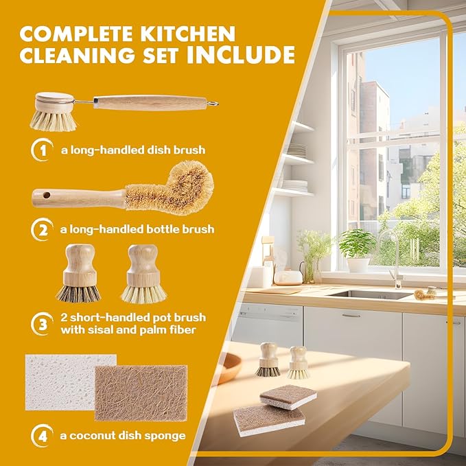 6 Piece Bamboo Dish Brush Set with Coconut Sponge - Wooden Dish Brush with Sisal and Palm Fiber, Natural Bamboo Dish Scrub Brush for Kitchen Cleaning Dishes, Pots, Pans, Bottles, Vegetables