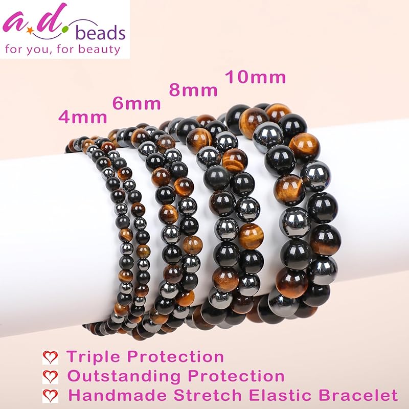AD Beads Handmade Gemstone Stretch Elastic Bracelet Crystal Healing Reiki Nature's Beauty and Spiritual Essence Unisex (4mm, Triple Protection (Strong Protect))