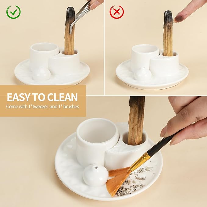 Palo Santo Sticks Holder, Multi-Purpose Handmade Ceramic Incense Burner for Palo Santo Incense Sticks, Sage Holder for Burning, Ash Catcher Tray for Meditation Yoga Room (Pure White)