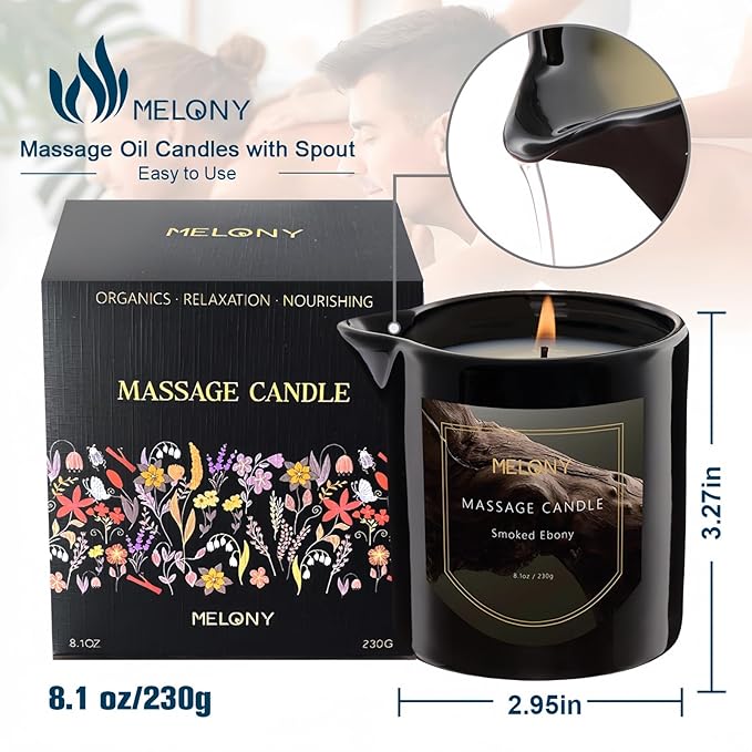 MELONY Luxury Massage Candle - Moisturising, Body Oil Candles for Muscle Relaxation, Home Spa, 8.1OZ (Smoked Ebony)