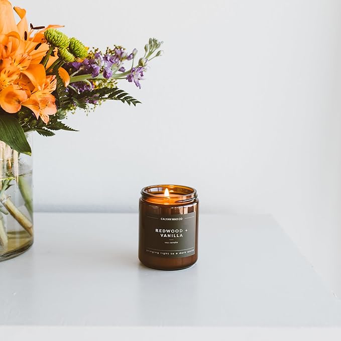 Calyan Wax Co. Soy Wax Candle, Home + Holiday Scented Candle, 57 Hour Burn Time, Aromatherapy Soy Candles, Non Toxic & Vegan Soy Wax, Amber Glass Jar Scented Candles, 7.2oz