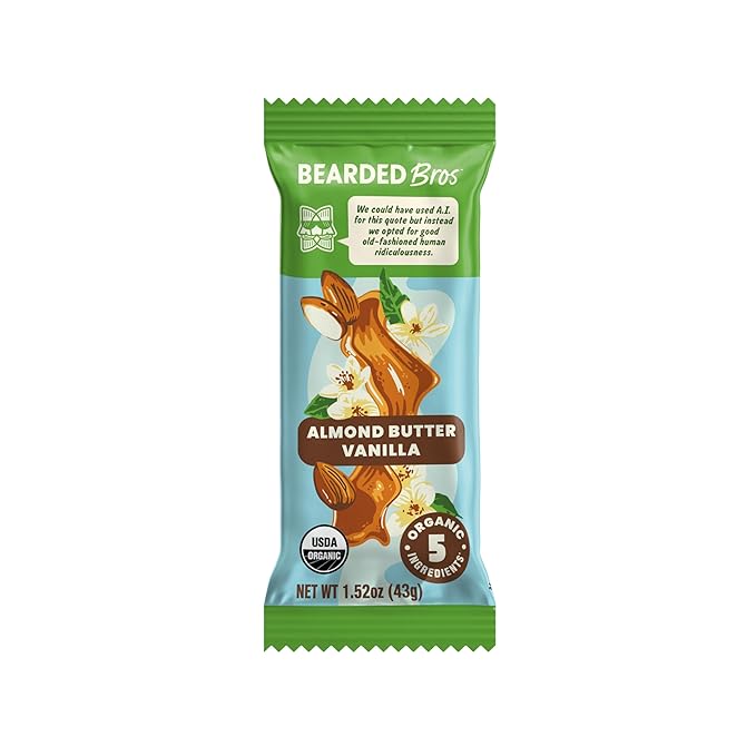 Bearded Brothers, Organic Vegan Protein Energy Bars, Almond Butter Vanilla (12 Pack) - Gluten Free, Paleo, Fiber, Whole 30 | Non GMO Low Glycemic Snacks (Packaging May Vary)