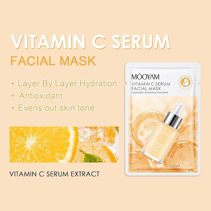 6 Pack VC Serum Sheet Masks,Facial Masks Skincare for Women,Hydrating & Moisturizing Face Masks for All Skin Types,Smooth,Nourishing,Lightweight
