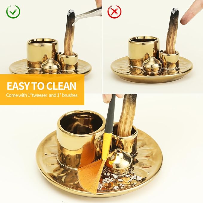 Handmade Ceramic Incense Burner for Palo Santo Incense Sticks, 4 in 1 Multi-Purpose Sage Holder for Burning, Ash Catcher Tray for Meditation Yoga Room (Golden)